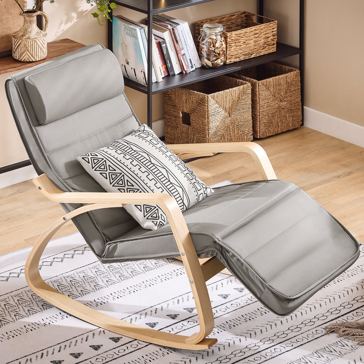 SoBuy FST16-DG Rocking Chair Relax Lounge Chair with Cushion Recliner with Headrest and Adjustable Footrest Grey