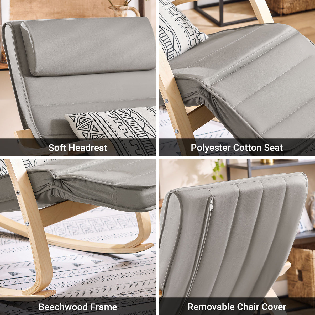 SoBuy FST16-DG Rocking Chair Relax Lounge Chair with Cushion Recliner with Headrest and Adjustable Footrest Grey