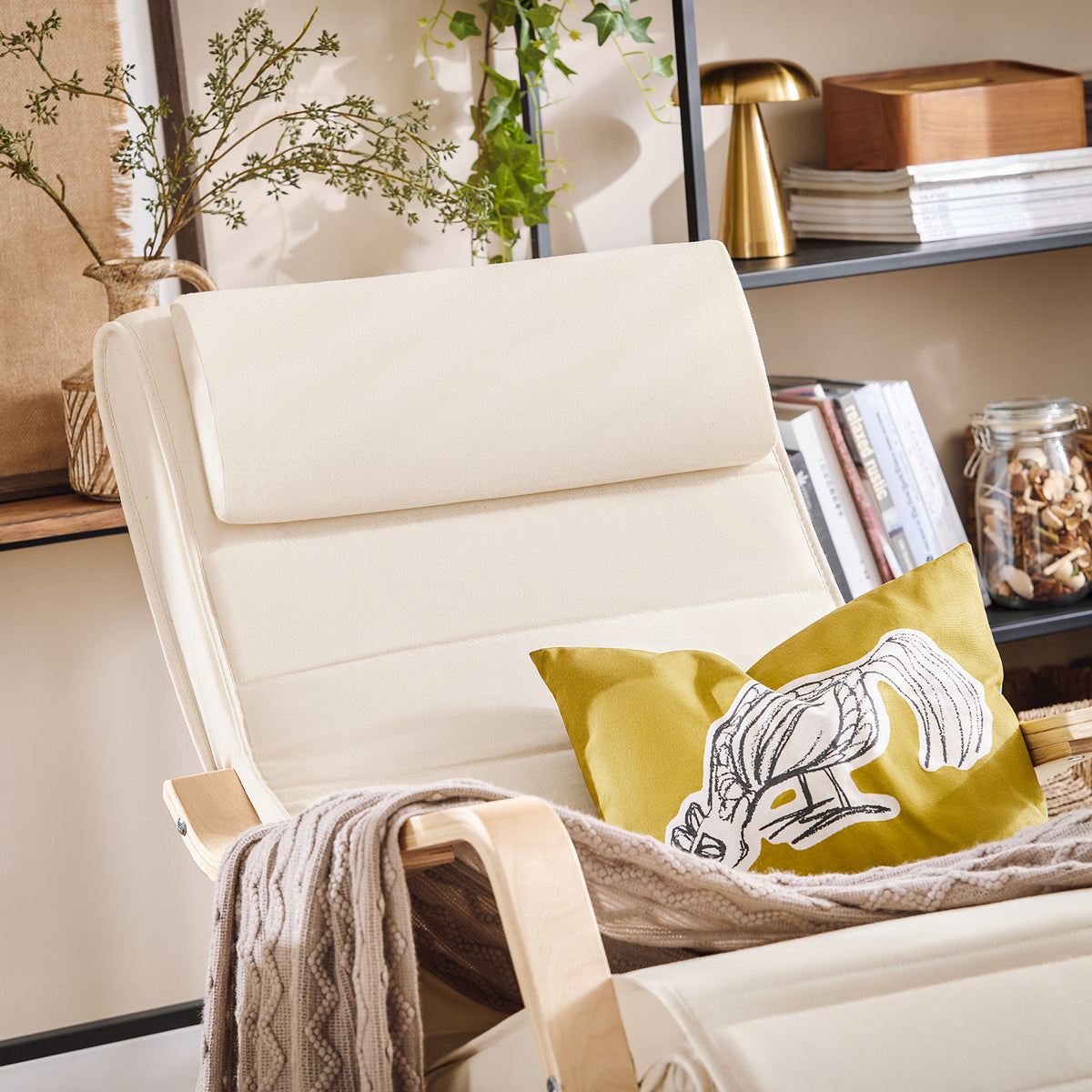 SoBuy FST16-W, Rocking Chair Relax Lounge Chair with Cushion Recliner with Headrest and Adjustable Footrest Beige