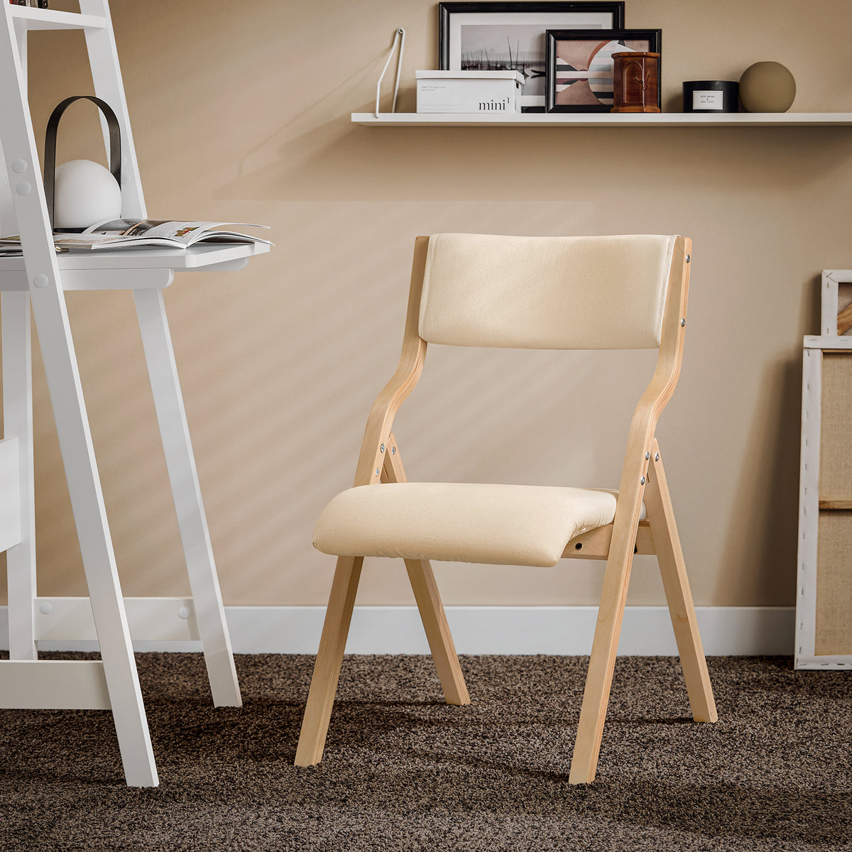 SoBuy FST40-W white folding dining chair in kitchen setting – solid rubber wood frame with padded seat