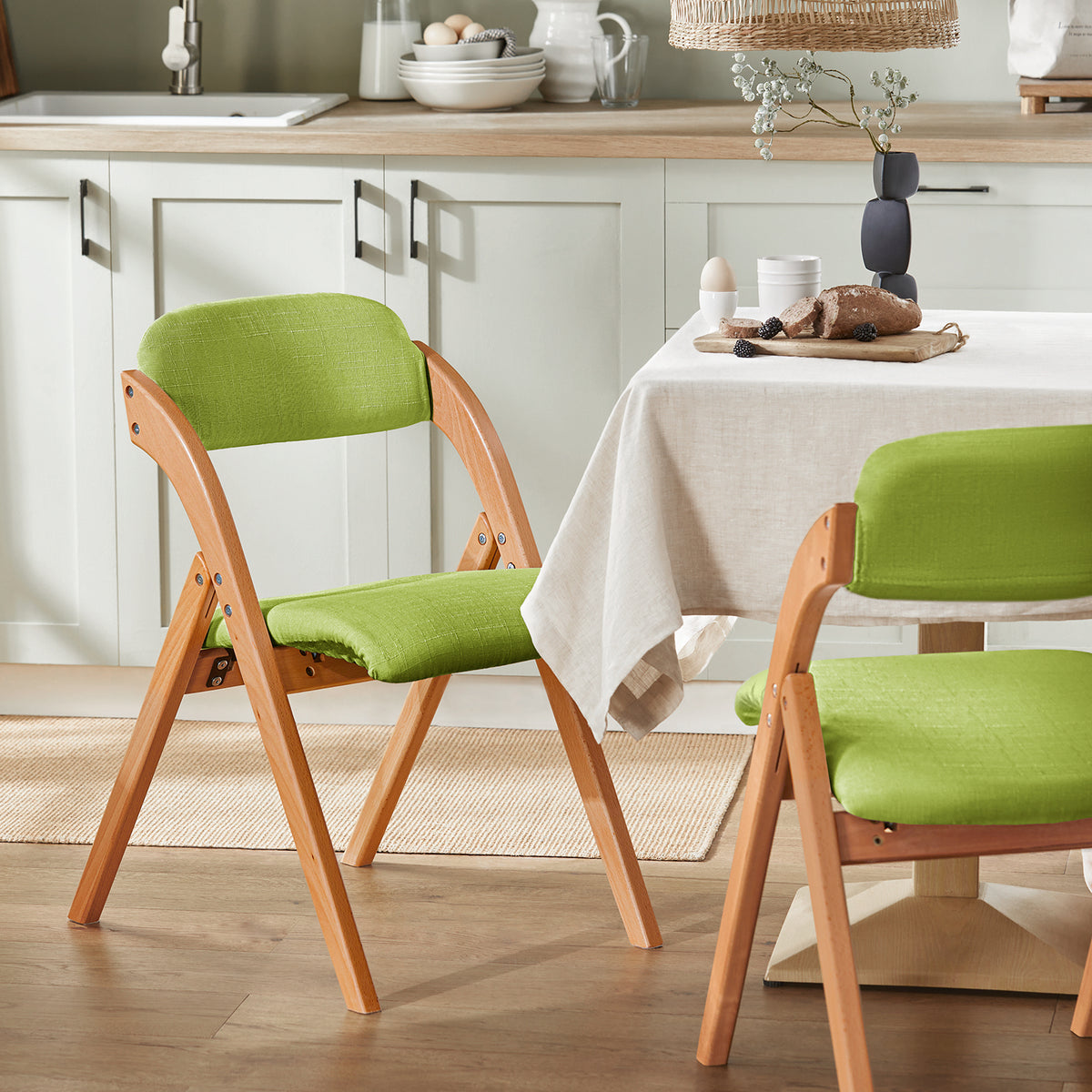 SoBuy FST92-GR green folding chair styled in kitchen – beech and poplar wood frame with breathable padded seat