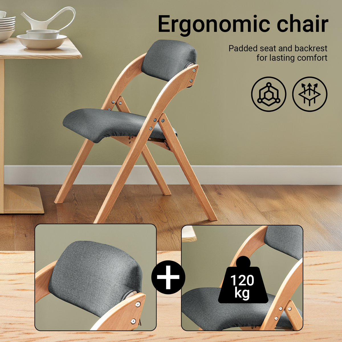 SoBuy FST92-SG dark grey ergonomic folding chair full product overview – curved backrest and padded seat