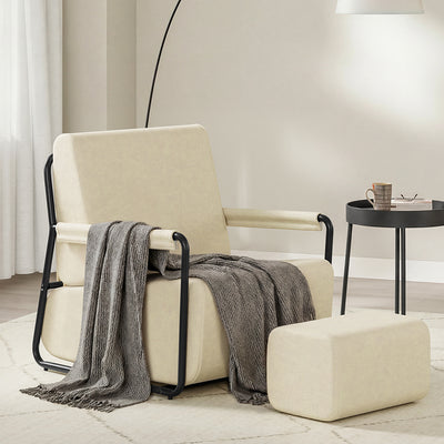 SoBuy FST99-MI, Velvet Armchair with Footstool, Comfy Small Accent Chair, Cream White, 59x74x78cm - view 2