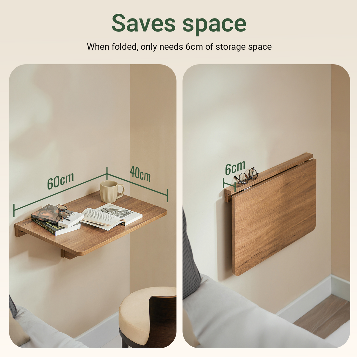 SoBuy FWT03-PF, Folding Wall-mounted Drop-leaf Table, Foldable Kitchen Table, Compact Computer Desk, Space-saving Design Folding Table, Ideal for Small Spaces, Kitchen, Office, 60x40cm Vintage