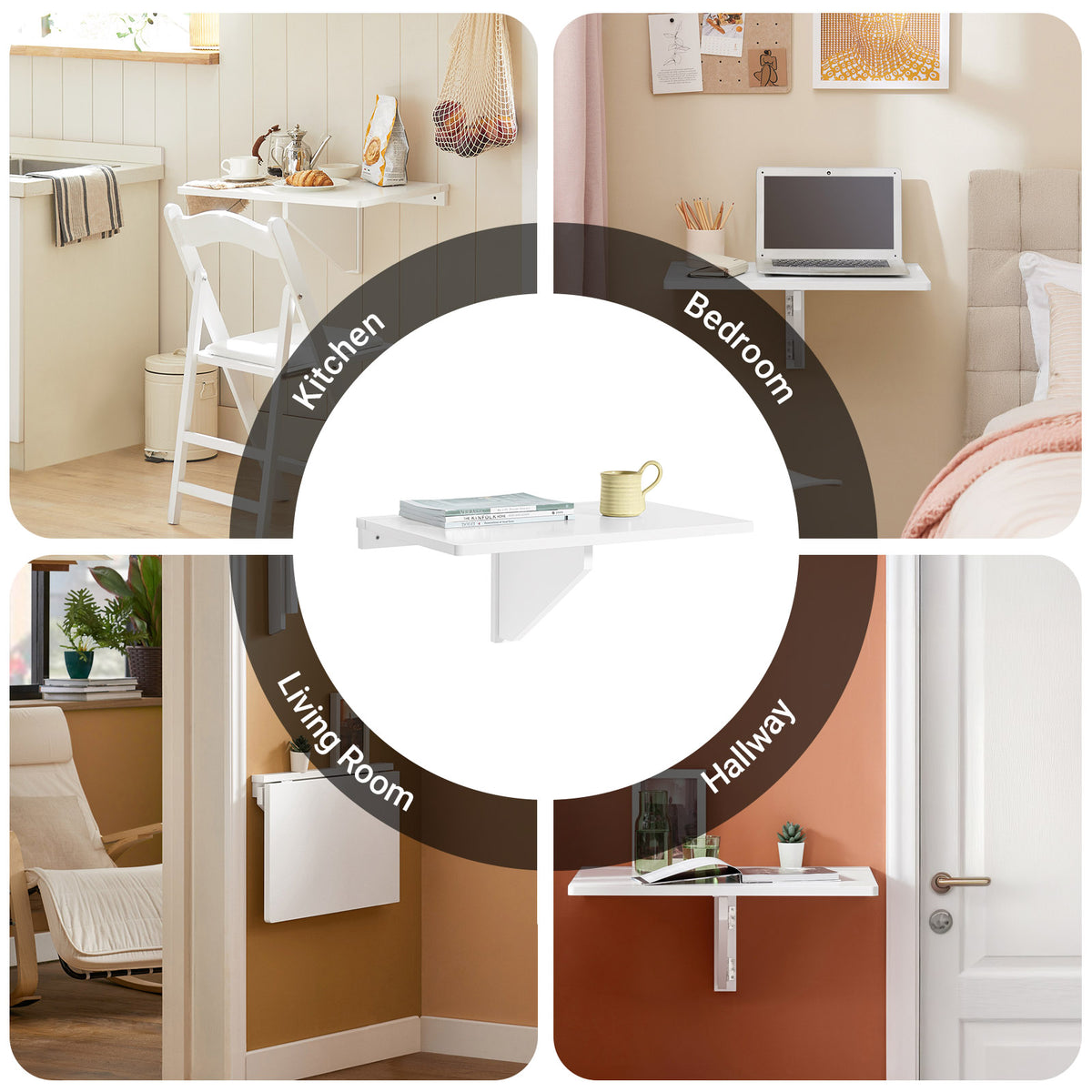 SoBuy FWT03-W Folding Wall-Mounted Drop-Leaf Table – Space-Saving Desk for Kitchen, Study & Small Rooms, White