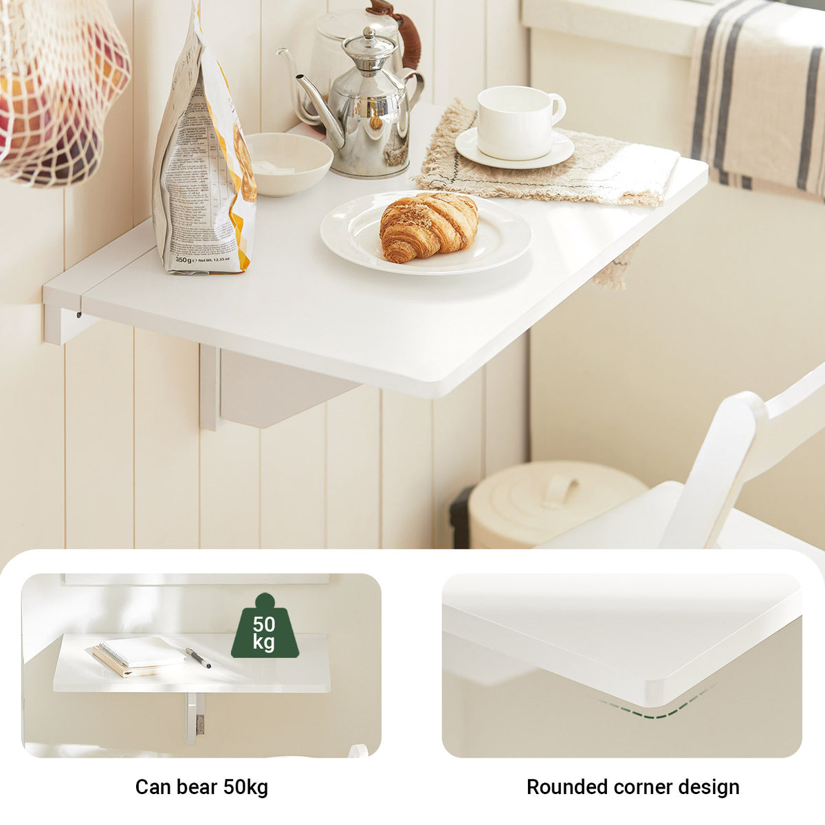 SoBuy FWT03-W Folding Wall-Mounted Drop-Leaf Table – Space-Saving Desk for Kitchen, Study & Small Rooms, White