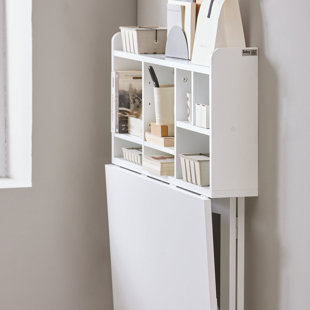 SoBuy FWT07-II-W, Folding Wall-mounted Drop-leaf Table Desk Integrated with Storage Shelves, White