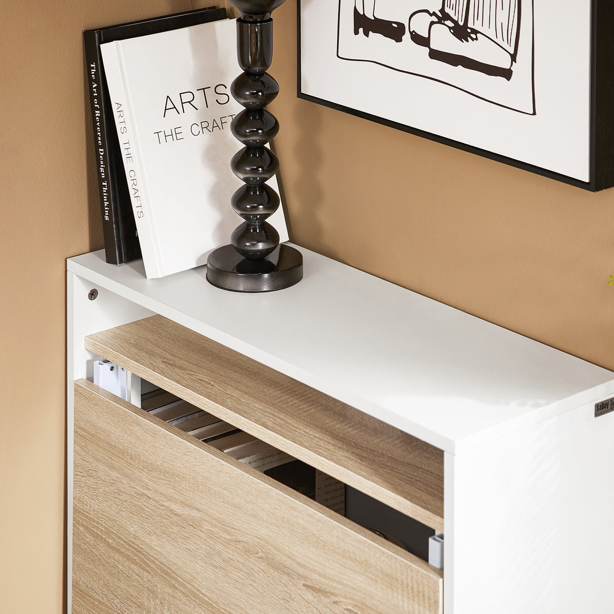 SoBuy FWT104-WN MDF and PB construction detail – durable easy-clean surface, white and natural finish