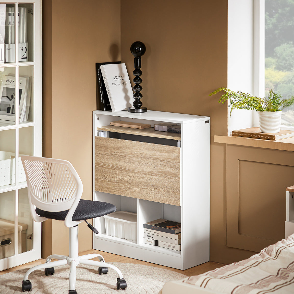 SoBuy FWT104-WN study desk in bedroom setting – space-saving folding desk with 5 open shelves