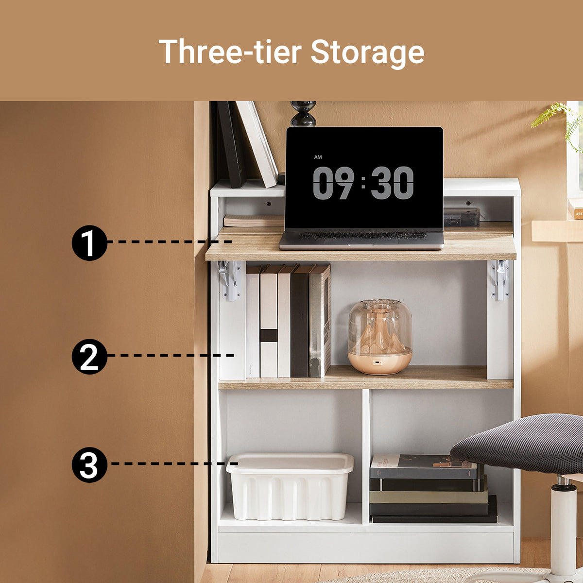 SoBuy FWT104-WN folding desk front view – 5 open storage shelves, white and natural, W70×D57×H85cm