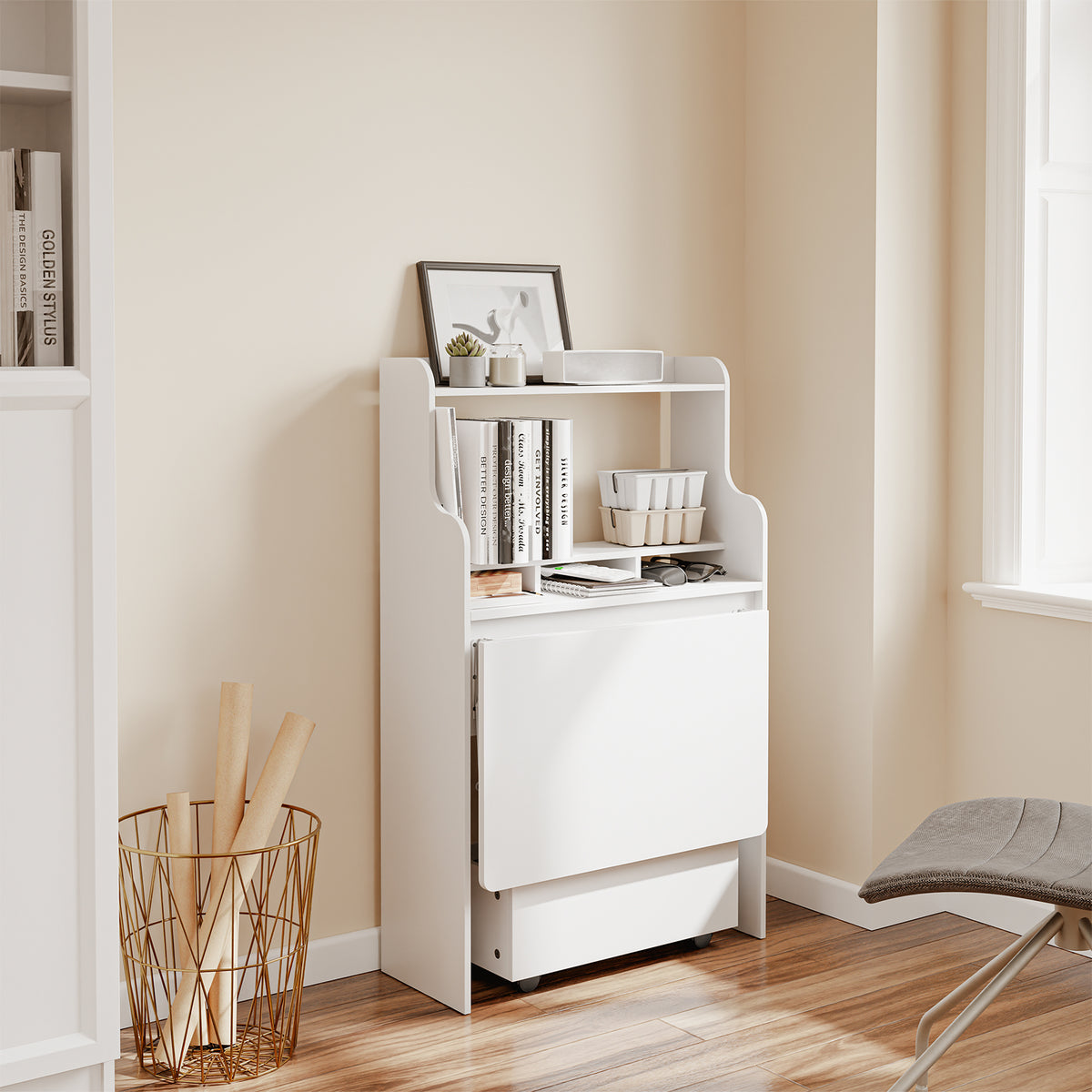 SoBuy FWT105-II-W, Children Folding Table Desk Children Desk with Mobile Storage Chest, White