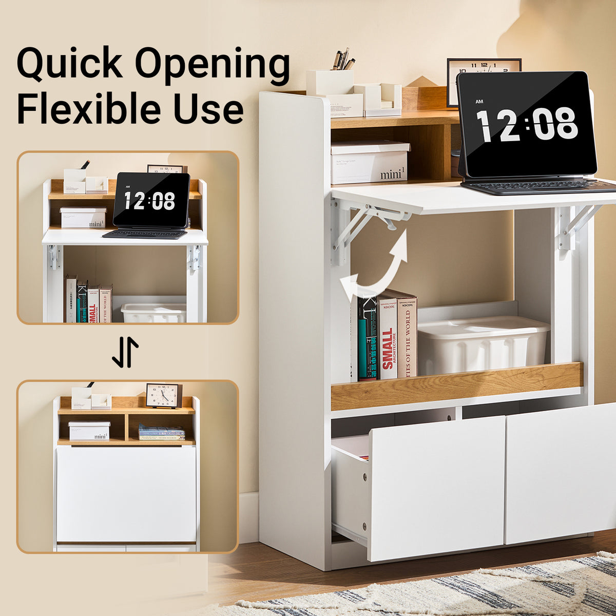 SoBuy FWT109-WN Home Office Folding Wall Table Desk with 2 Drawers & Shelves, Space-Saving Computer Desk, White & Natural