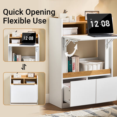 SoBuy FWT109-WN Home Office Folding Wall Table Desk with 2 Drawers & Shelves, Space-Saving Computer Desk, White & Natural
