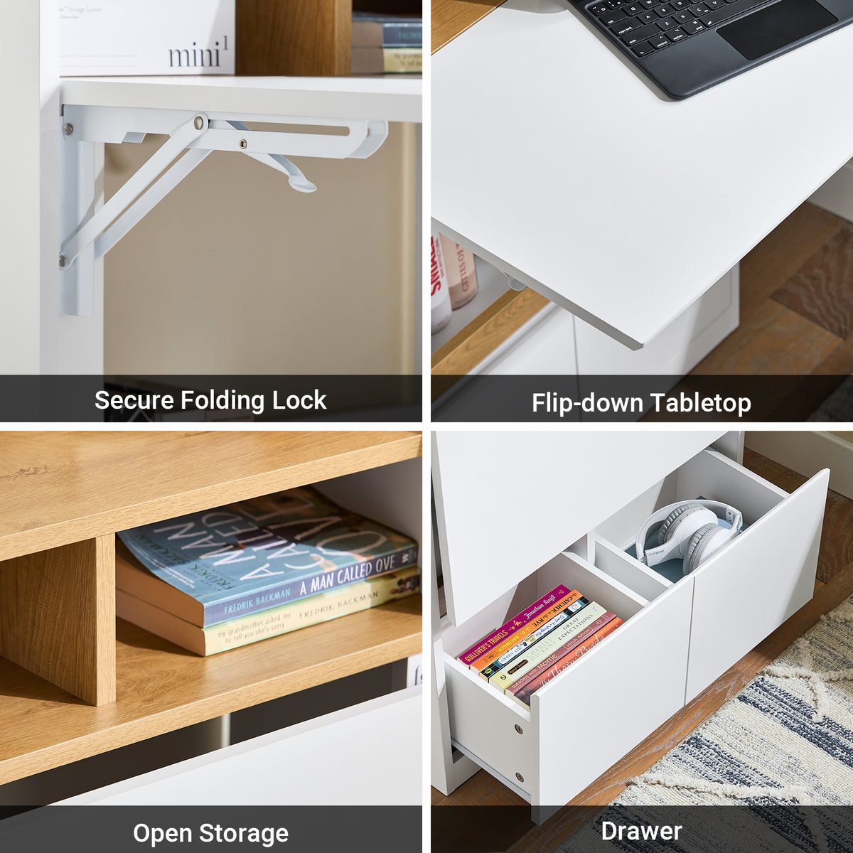 SoBuy FWT109-WN Home Office Folding Wall Table Desk with 2 Drawers & Shelves, Space-Saving Computer Desk, White & Natural
