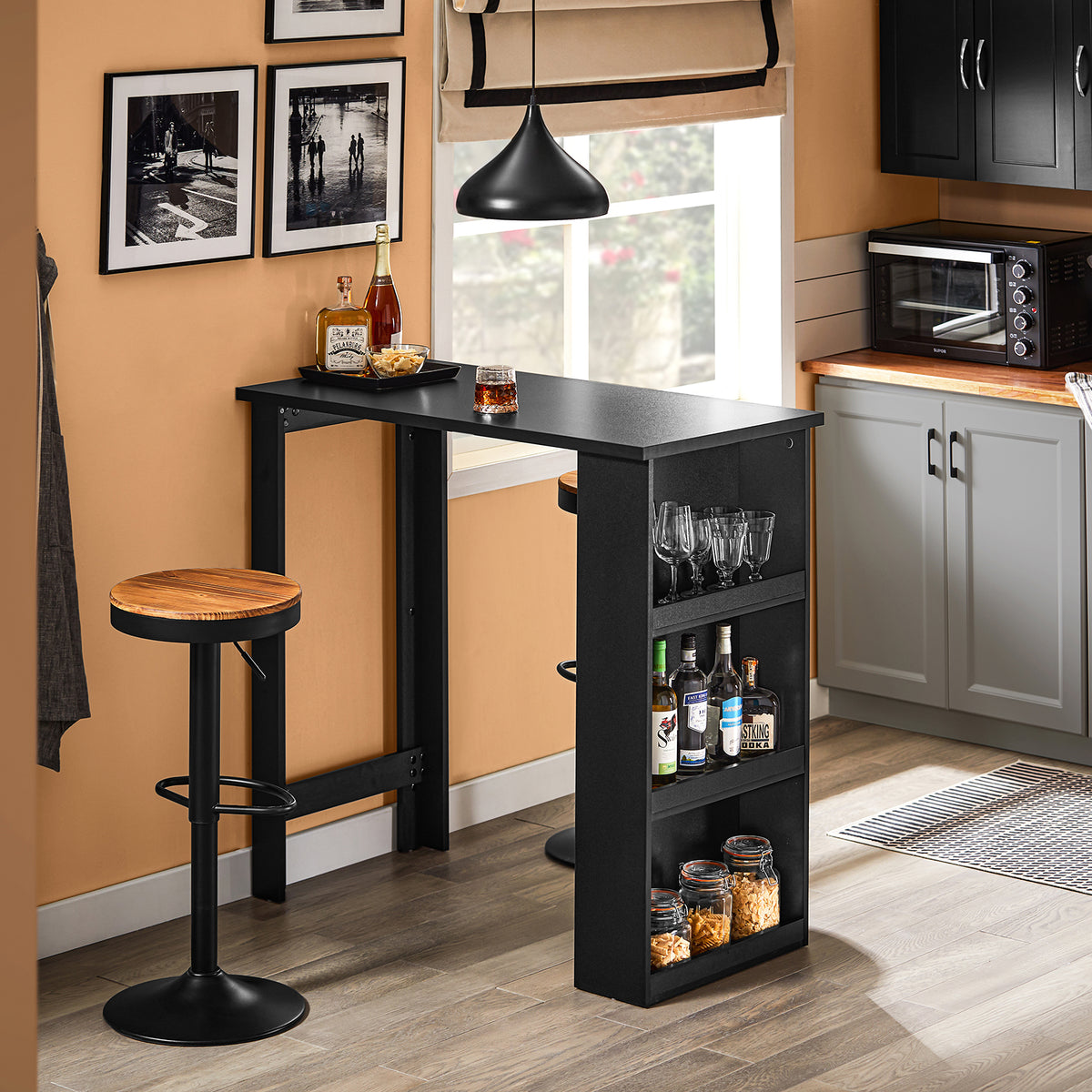 SoBuy FWT17-II-SCH, Kitchen Breakfast Bar Table Modern Dining Table with 3-Tier Storage Shelves Tall Table for Kitchen, Living Room, or Coffee Bar Black W112 x D57 x H106 cm