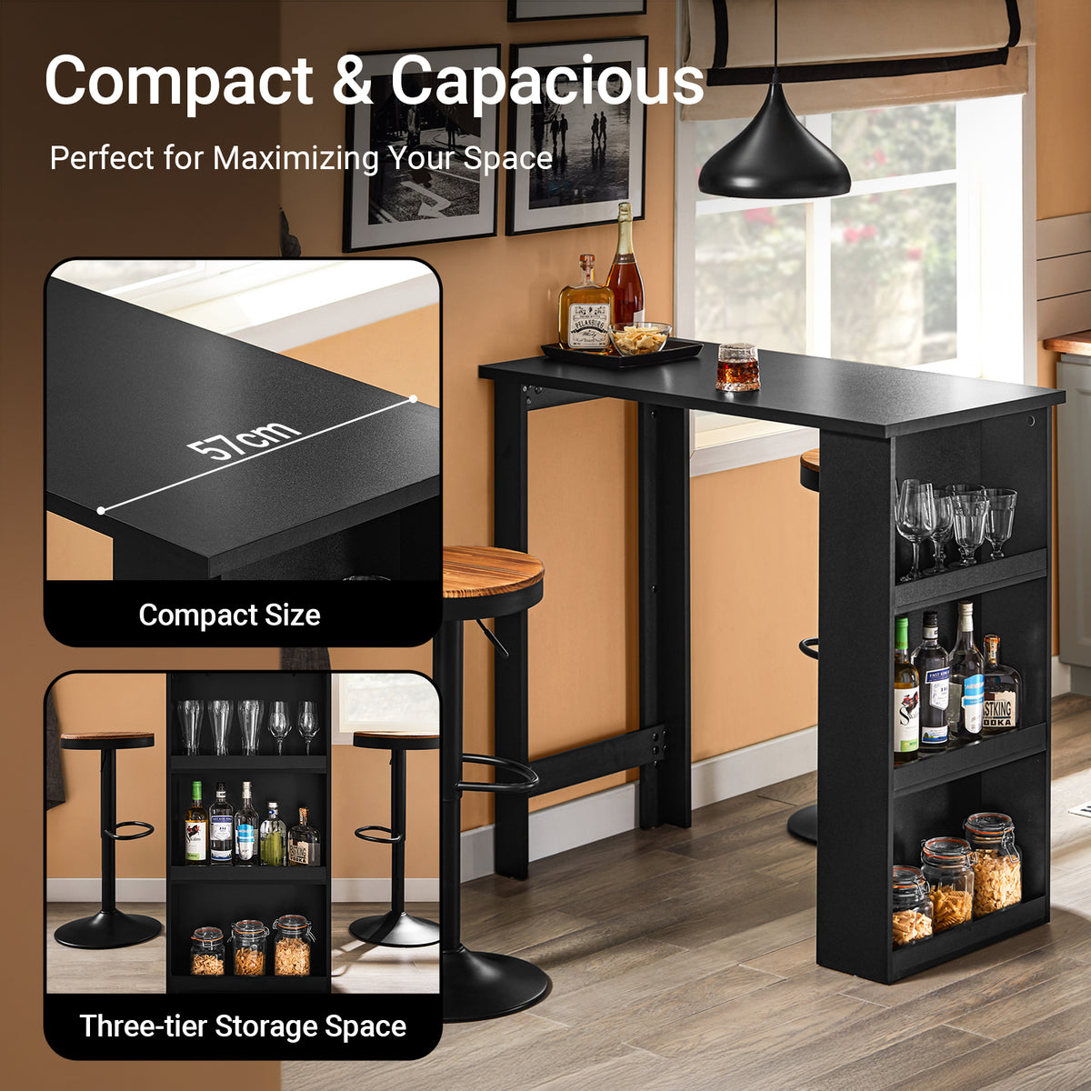 SoBuy FWT17-II-SCH, Kitchen Breakfast Bar Table Modern Dining Table with 3-Tier Storage Shelves Tall Table for Kitchen, Living Room, or Coffee Bar Black W112 x D57 x H106 cm