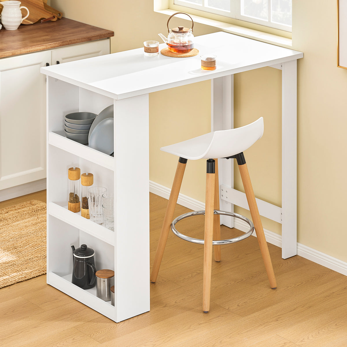 SoBuy FWT17-II-W Kitchen Breakfast Bar Table Modern Dining Table with 3-Tier Storage Shelves Tall Table for Kitchen, Living Room, or Coffee Bar White W112 x D57 x H106 cm