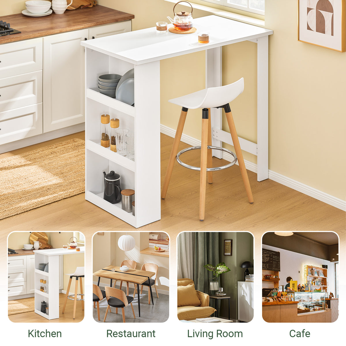 SoBuy FWT17-II-W Kitchen Breakfast Bar Table Modern Dining Table with 3-Tier Storage Shelves Tall Table for Kitchen, Living Room, or Coffee Bar White W112 x D57 x H106 cm