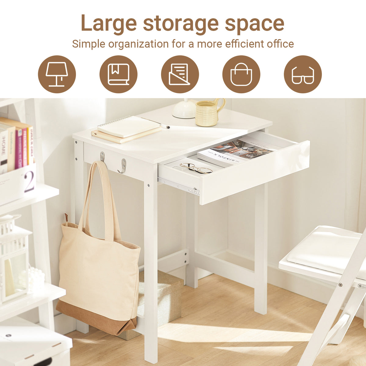 SoBuy FWT43-W desk overview – 1 drawer 2 side hooks iron frame white 60kg load capacity