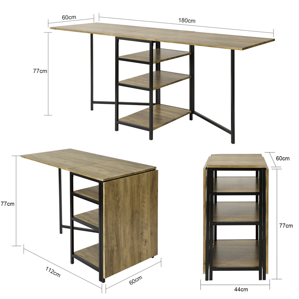SoBuy FWT62-N, Folding Dining Table with 3 Shelves, Kitchen Dining Room Table, Wood