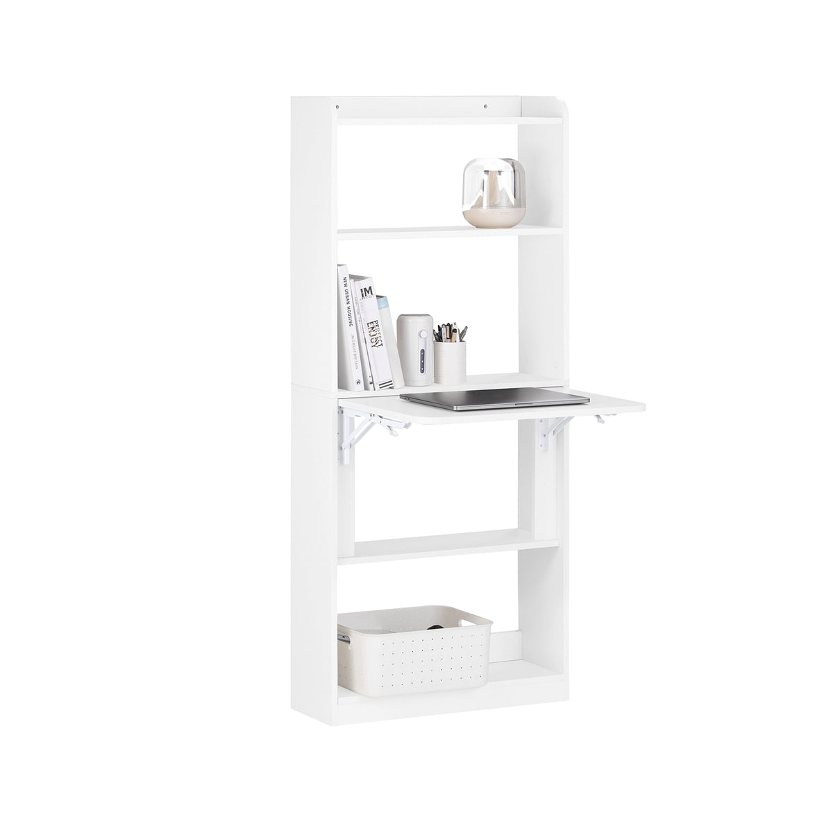 SoBuy FWT92-H-W,  Computer Desk Home Office Desk Folding Table with 5 Shelves Study Table Natural W64 x D58 x H145cm
