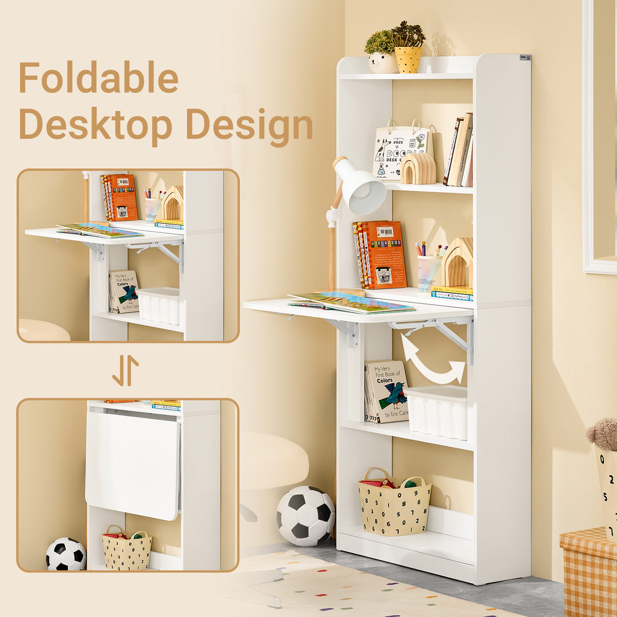 SoBuy FWT92-H-W,  Computer Desk Home Office Desk Folding Table with 5 Shelves Study Table Natural W64 x D58 x H145cm