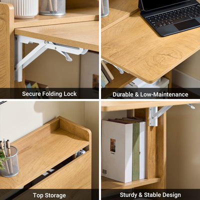 SoBuy FWT92-N,  Computer Desk Home Office Desk Folding Table with 3 Shelves Study Table Natural W64 x D58 x H82cm