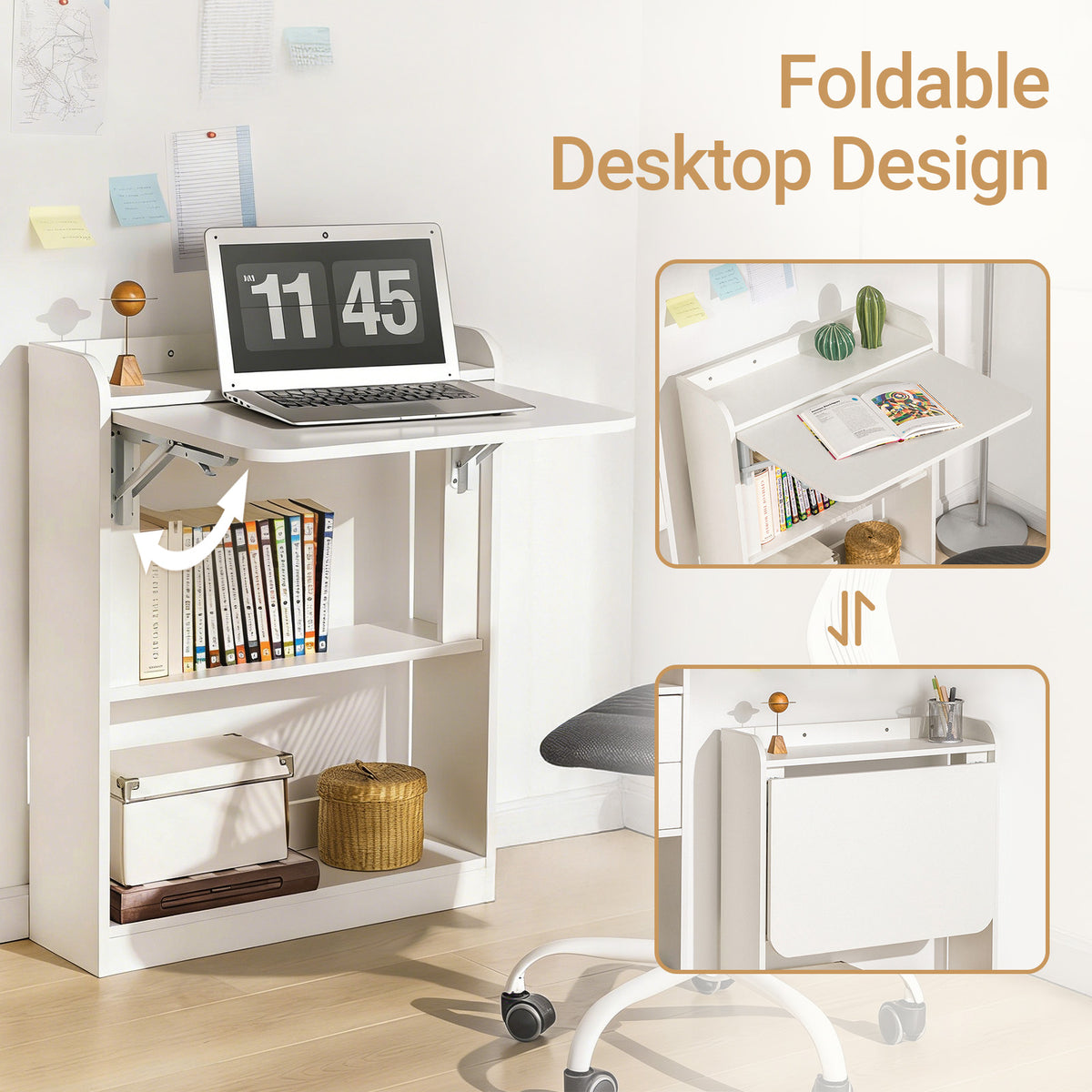 SoBuy FWT92-W,  Computer Desk Home Office Desk Folding Table with 3 Shelves Study Table White W64 x D58 x H82cm