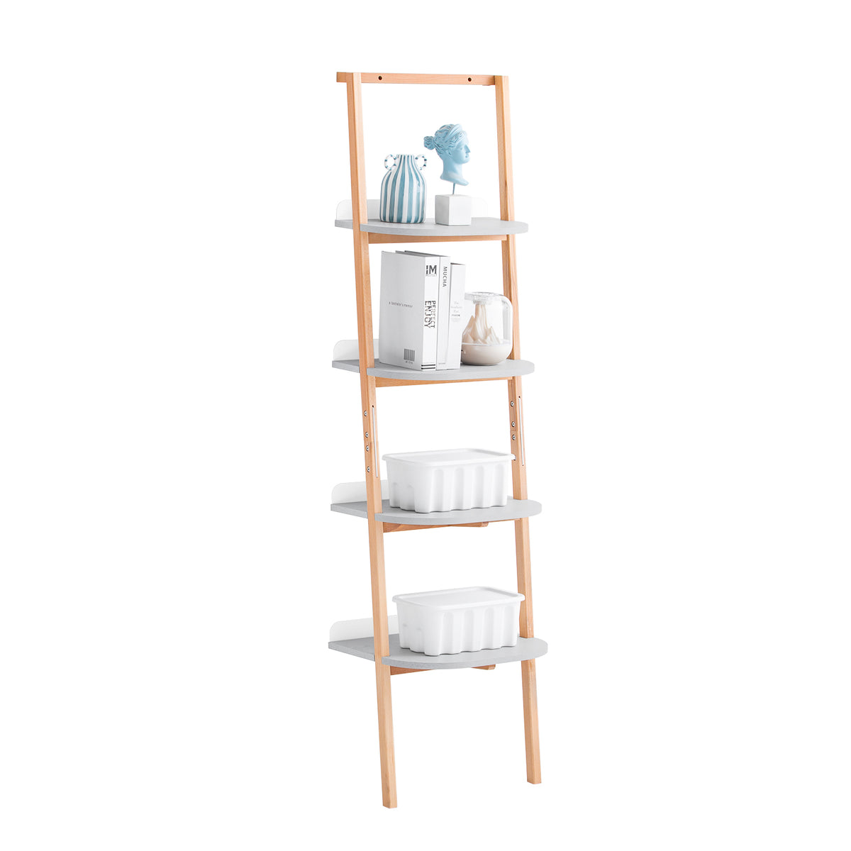 SoBuy HSTR02-K-HG, 4 Tiers Bookcase Bookshelf Storae Display Shelf Ladder Shelf Wall Shelf, Grey and Natural