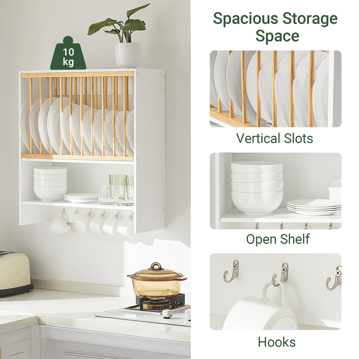 SoBuy KCR09-W white wall-mounted kitchen rack full overview – solid wood slats carbonised bamboo dish rack 7 hooks holds 11 plates