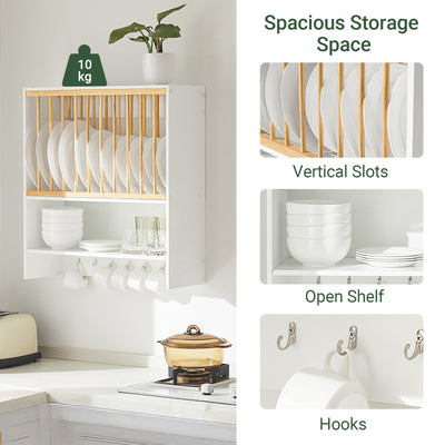 SoBuy KCR09-W white wall-mounted kitchen rack full overview – solid wood slats carbonised bamboo dish rack 7 hooks holds 11 plates