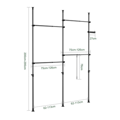 SoBuy KLS03-II-SCH, Telescopic Clothes Rail, Heavy Duty Clothes Rack, Adjustable Open Wardrobe with Hanging Rails for Bedroom, Walk-in Closet Black W (124–226) x H (200–295) cm