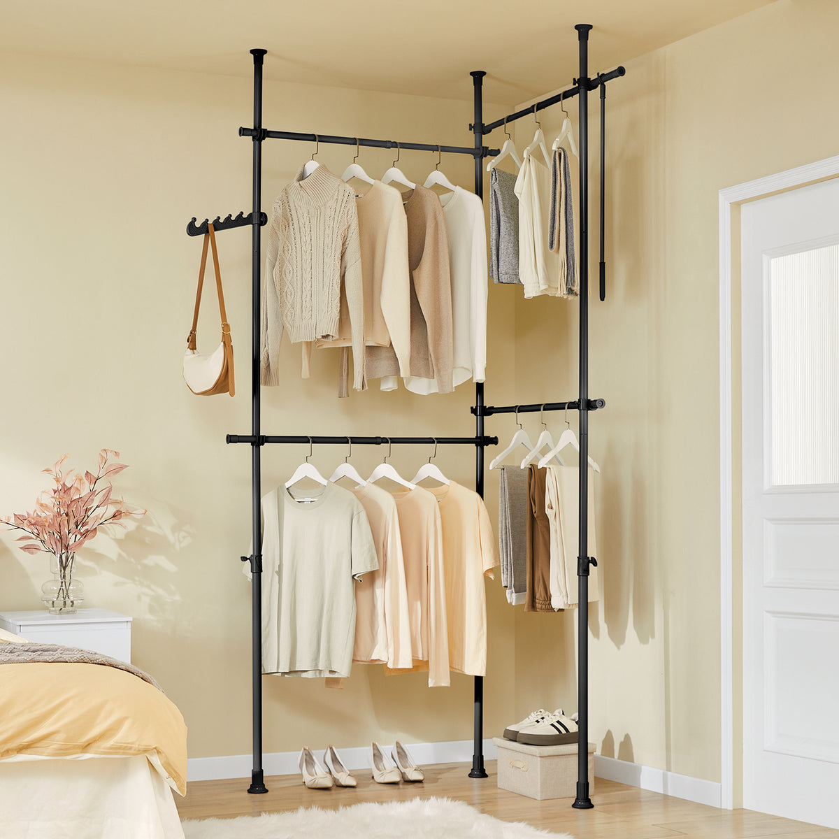 SoBuy KLS03-II-SCH, Telescopic Clothes Rail, Heavy Duty Clothes Rack, Adjustable Open Wardrobe with Hanging Rails for Bedroom, Walk-in Closet Black W (124–226) x H (200–295) cm