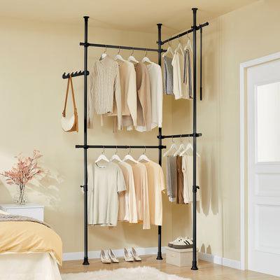SoBuy KLS03-II-SCH, Telescopic Clothes Rail, Heavy Duty Clothes Rack, Adjustable Open Wardrobe with Hanging Rails for Bedroom, Walk-in Closet Black W (124–226) x H (200–295) cm