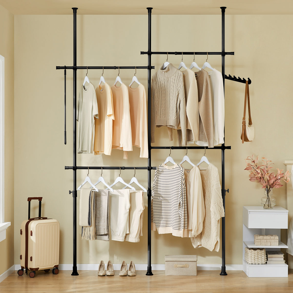SoBuy KLS03-II-SCH, Telescopic Clothes Rail, Heavy Duty Clothes Rack, Adjustable Open Wardrobe with Hanging Rails for Bedroom, Walk-in Closet Black W (124–226) x H (200–295) cm