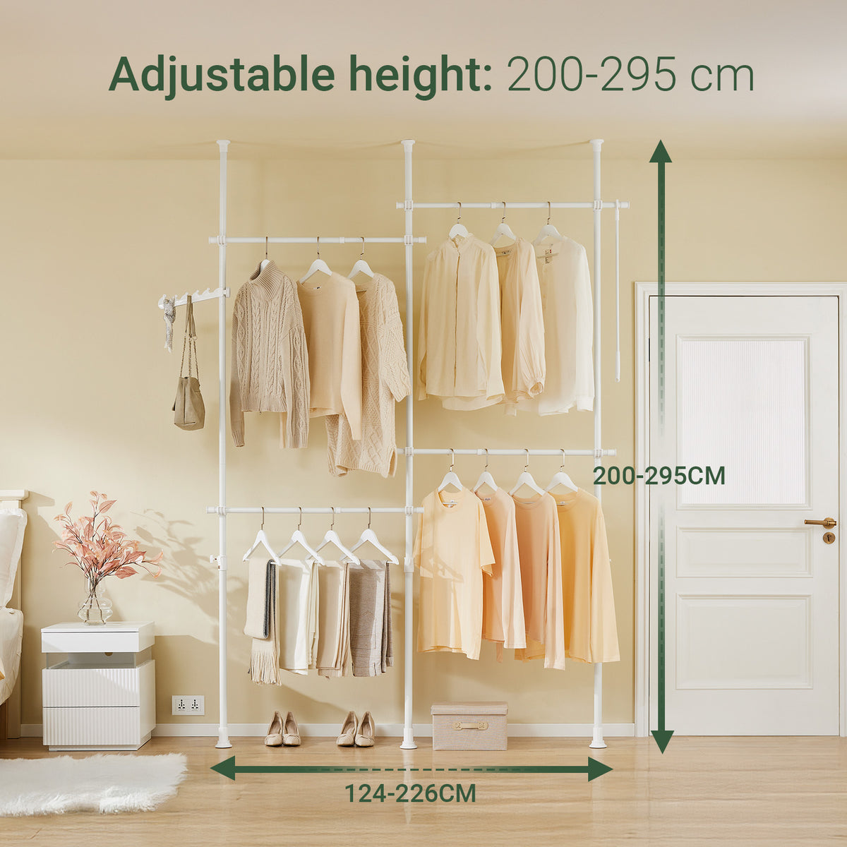 SoBuy KLS03-II-W, Telescopic Clothes Rail, Heavy Duty Clothes Rack, Adjustable Open Wardrobe with Hanging Rails for Bedroom, Walk-in Closet White