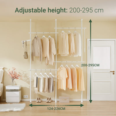 SoBuy KLS03-II-W, Telescopic Clothes Rail, Heavy Duty Clothes Rack, Adjustable Open Wardrobe with Hanging Rails for Bedroom, Walk-in Closet White