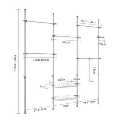SoBuy KLS04-II-HG, Telescopic Clothes Rail, Heavy Duty Clothes Rack, Adjustable Open Wardrobe with Hanging Rails & Shelves for Bedroom, Walk-in Closet Grey
