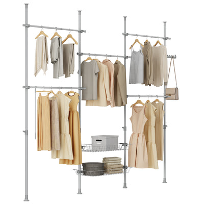 SoBuy KLS04-II-HG, Telescopic Clothes Rail, Heavy Duty Clothes Rack, Adjustable Open Wardrobe with Hanging Rails & Shelves for Bedroom, Walk-in Closet Grey