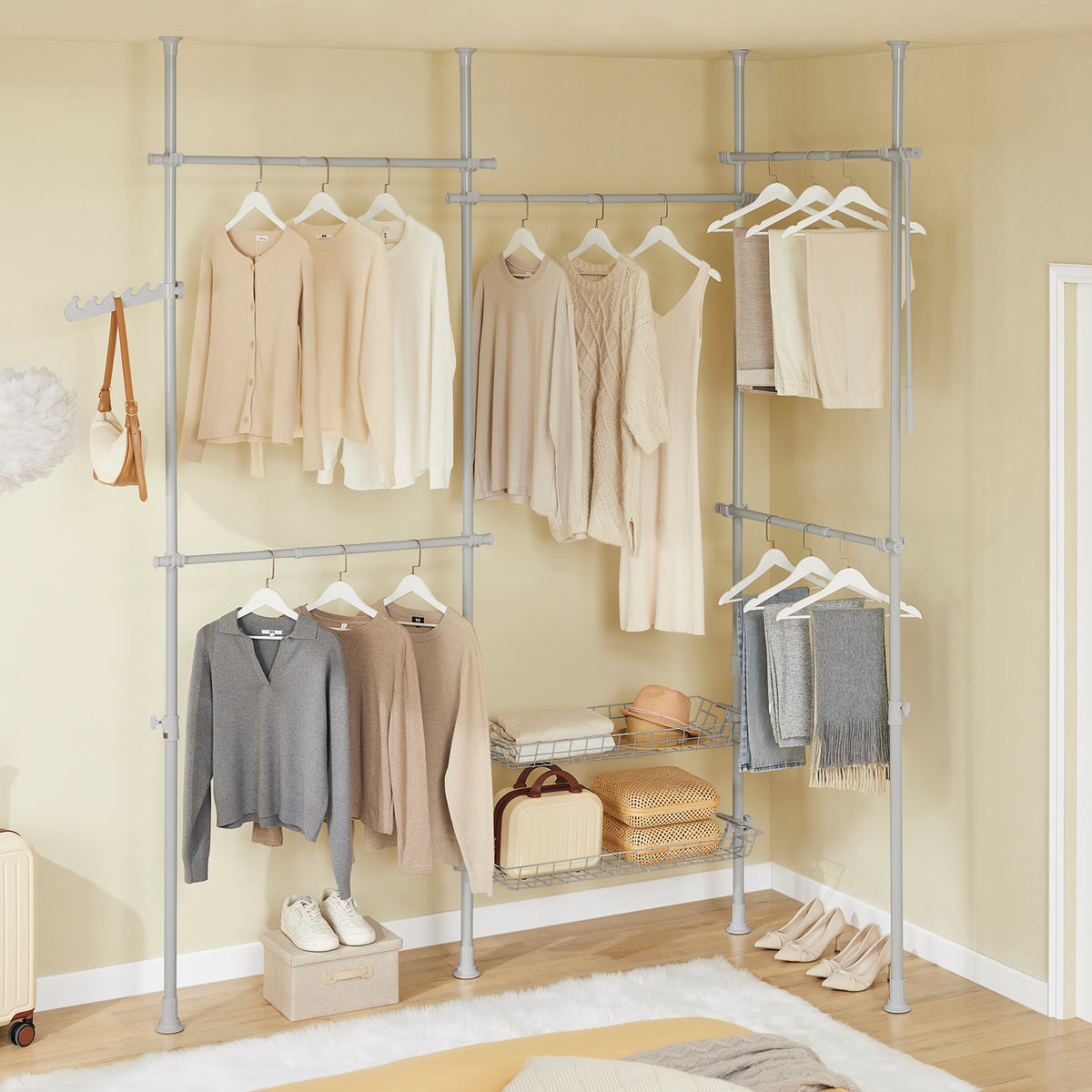SoBuy KLS04-II-HG, Telescopic Clothes Rail, Heavy Duty Clothes Rack, Adjustable Open Wardrobe with Hanging Rails & Shelves for Bedroom, Walk-in Closet Grey