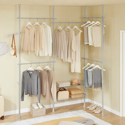 SoBuy KLS04-II-HG, Telescopic Clothes Rail, Heavy Duty Clothes Rack, Adjustable Open Wardrobe with Hanging Rails & Shelves for Bedroom, Walk-in Closet Grey