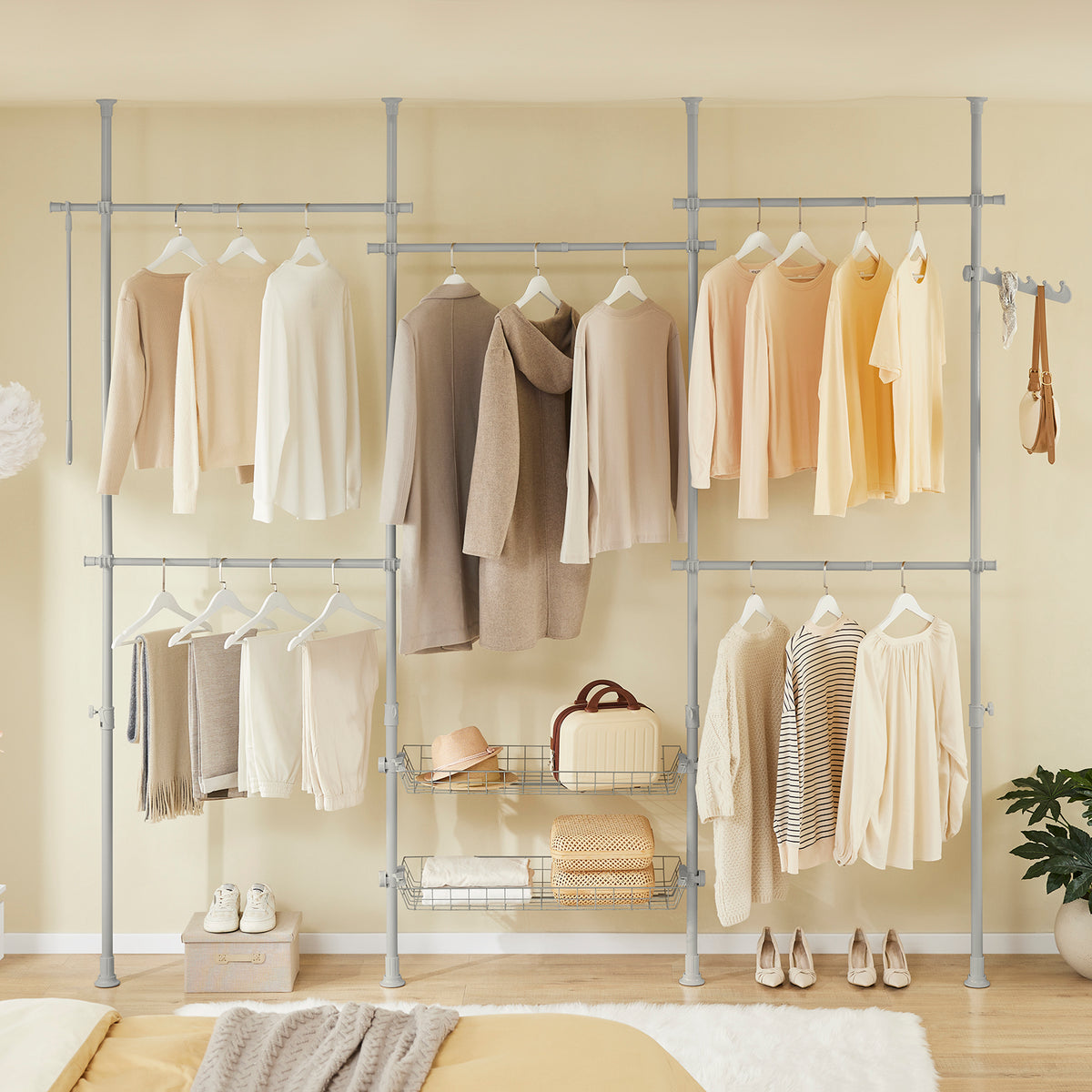 SoBuy KLS04-II-HG, Telescopic Clothes Rail, Heavy Duty Clothes Rack, Adjustable Open Wardrobe with Hanging Rails & Shelves for Bedroom, Walk-in Closet Grey