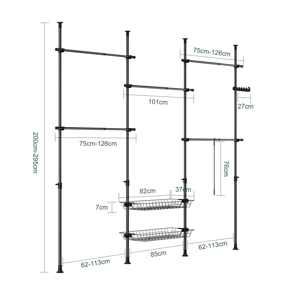 SoBuy KLS04-II-SCH, Telescopic Clothes Rail, Heavy Duty Clothes Rack, Adjustable Open Wardrobe with Hanging Rails & Shelves for Bedroom, Walk-in Closet Black