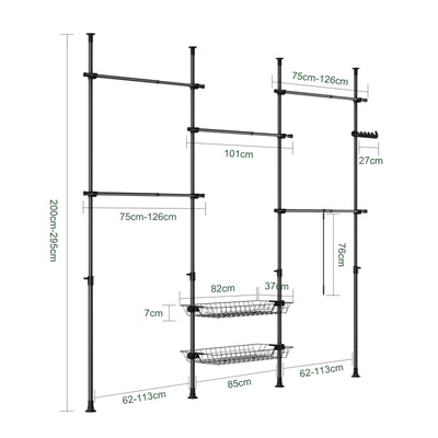 SoBuy KLS04-II-SCH, Telescopic Clothes Rail, Heavy Duty Clothes Rack, Adjustable Open Wardrobe with Hanging Rails & Shelves for Bedroom, Walk-in Closet Black