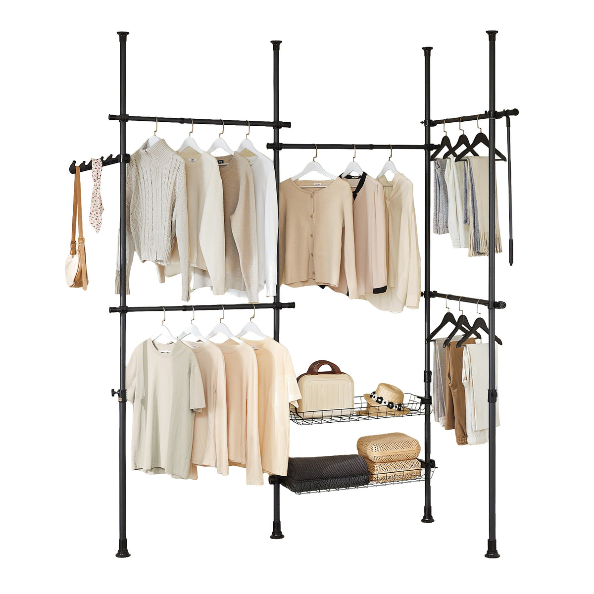 SoBuy KLS04-II-SCH, Telescopic Clothes Rail, Heavy Duty Clothes Rack, Adjustable Open Wardrobe with Hanging Rails & Shelves for Bedroom, Walk-in Closet Black