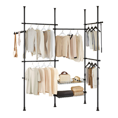 SoBuy KLS04-II-SCH, Telescopic Clothes Rail, Heavy Duty Clothes Rack, Adjustable Open Wardrobe with Hanging Rails & Shelves for Bedroom, Walk-in Closet Black