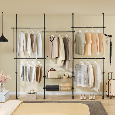 SoBuy KLS04-II-SCH, Telescopic Clothes Rail, Heavy Duty Clothes Rack, Adjustable Open Wardrobe with Hanging Rails & Shelves for Bedroom, Walk-in Closet Black