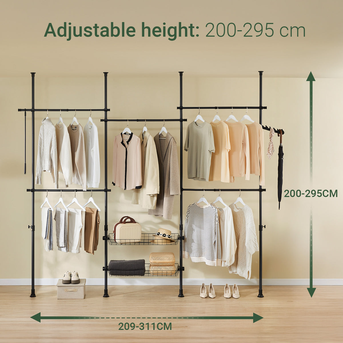 SoBuy KLS04-II-SCH, Telescopic Clothes Rail, Heavy Duty Clothes Rack, Adjustable Open Wardrobe with Hanging Rails & Shelves for Bedroom, Walk-in Closet Black