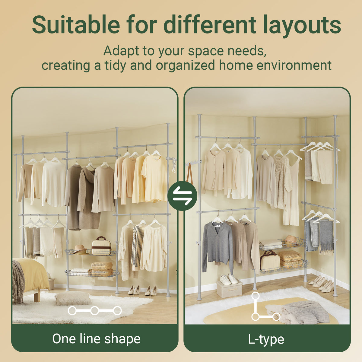 SoBuy KLS04-II-HG, Telescopic Clothes Rail, Heavy Duty Clothes Rack, Adjustable Open Wardrobe with Hanging Rails & Shelves for Bedroom, Walk-in Closet Grey