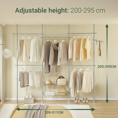 SoBuy KLS04-II-HG, Telescopic Clothes Rail, Heavy Duty Clothes Rack, Adjustable Open Wardrobe with Hanging Rails & Shelves for Bedroom, Walk-in Closet Grey